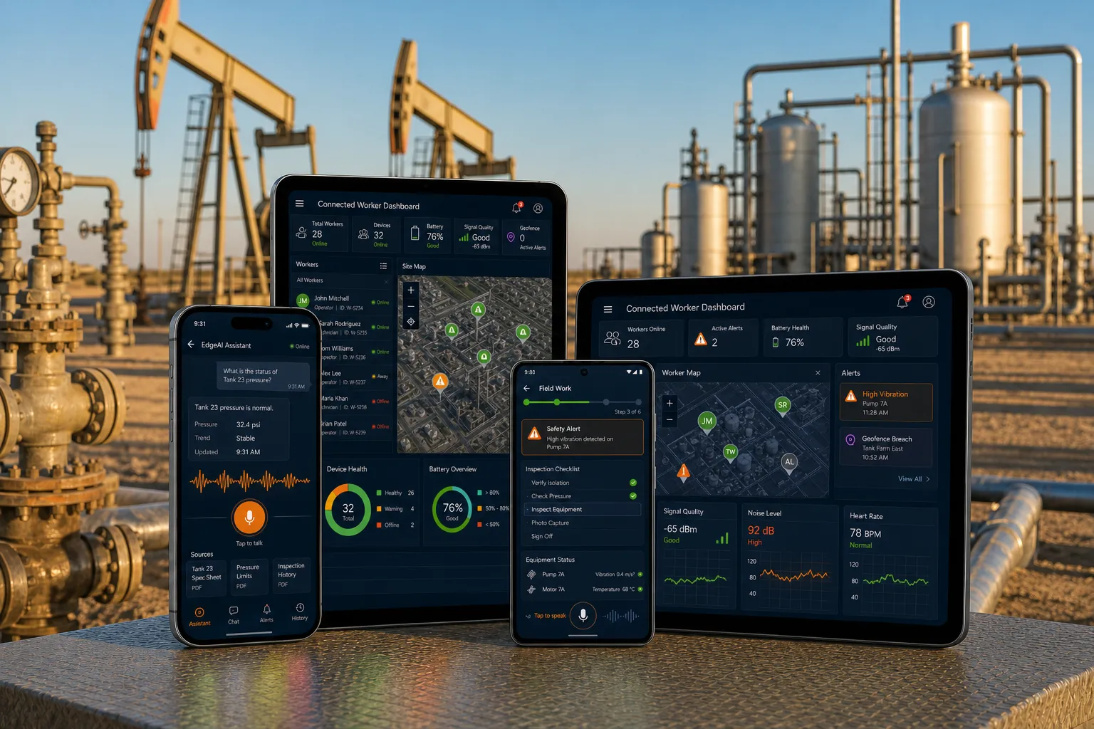 iPhone, iPad, Android phone, and Android tablet running EdgeAI at an oil and gas facility