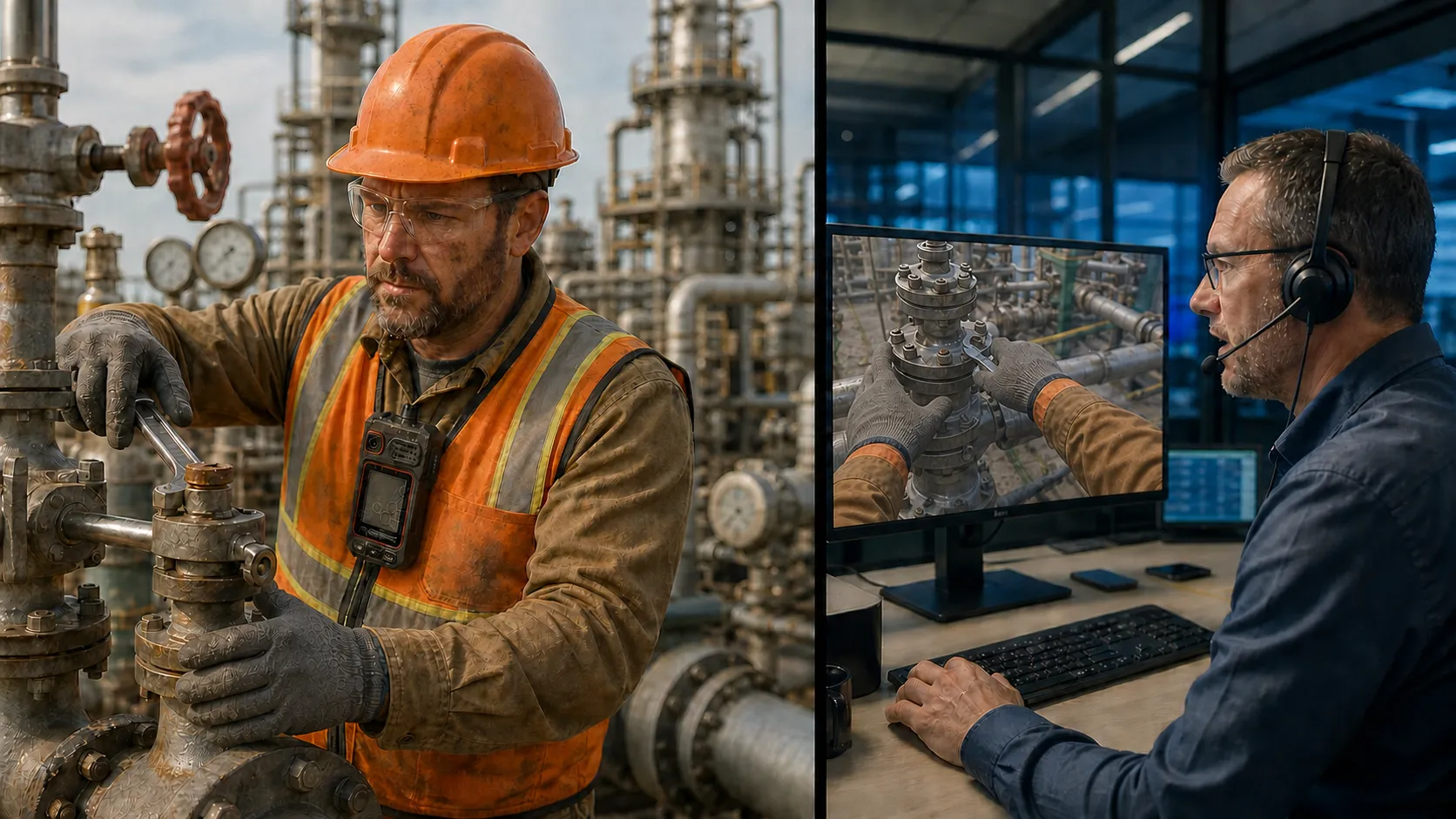 Field worker sharing live first-person video with an office-based expert